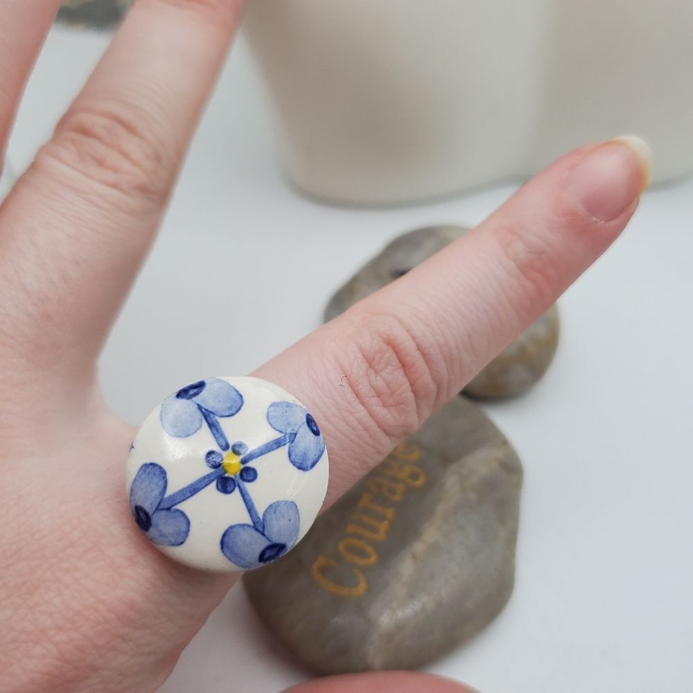 Cottagecore ceramic floral compass ring adjustable size unique‎ jewelry